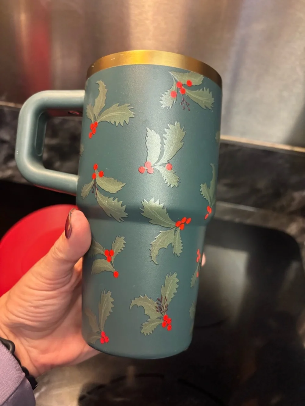 Stanley Green Travel Mug with Gold Logo and Red Holly - Picture 3 of 6